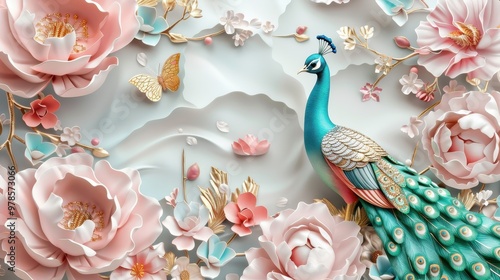 Vibrant 3D Floral Design Featuring Peacock and Butterfly on Abstract Background, colorful blooms intertwine with a majestic peacock and delicate butterfly, creating a stunning visual experience.
