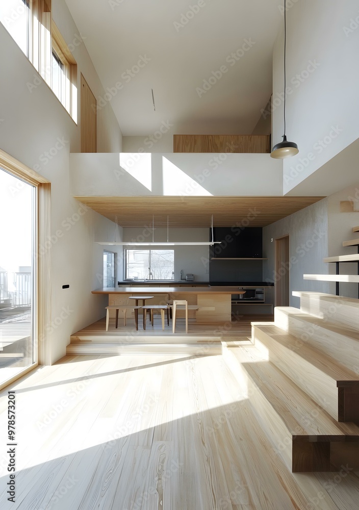 Naklejka premium Modern Open Concept Kitchen with Wooden Stairs and Large Window