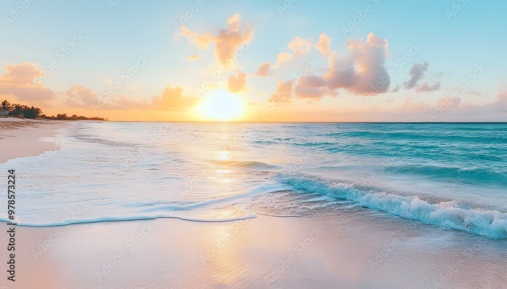 Fototapeta premium Crystal-clear turquoise waters with gentle waves lapping at a pristine beach under a golden sunset