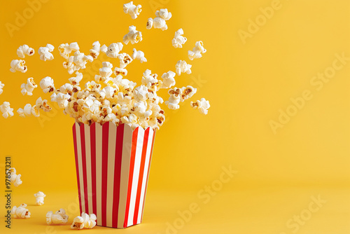 Popcorn flying in the paper stripped bucket on the yellow background. Levitating popping cinema theater movie pop corn concept. photo