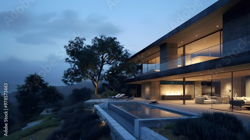 Modern House with Pool and Mountain View at Dusk