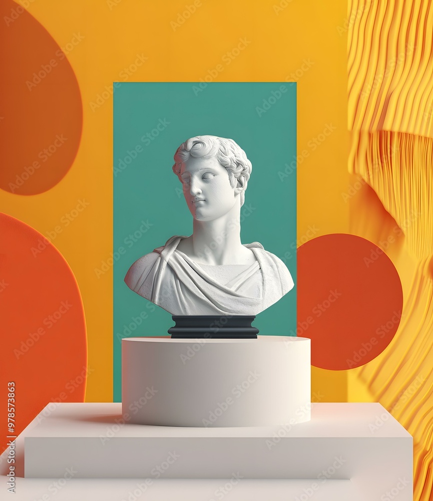White Bust Sculpture on a White Pedestal with a Turquoise and Orange Background White Bust Sculpture on a White Pedestal with a Turquoise and Orange Background