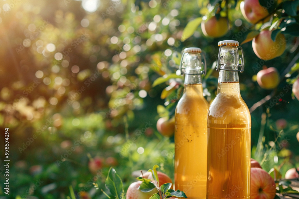 Glass bottle of apple organic vinegar or cider on in apple garden background. Healthy non alcohol organic drink beverage. Homemade apple vinegar. Copy paste empty place for text Glass bottle of apple organic vinegar or cider on in apple garden background. Healthy non alcohol organic drink beverage. Homemade apple vinegar. Copy paste empty place for text