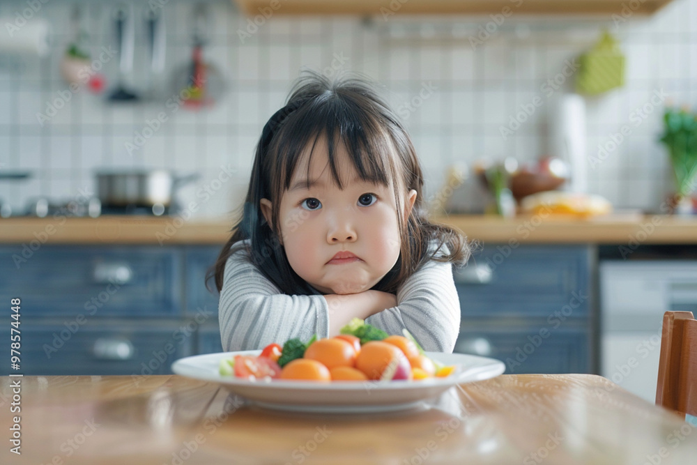 Asian school girl sitting at table with plate of vegetables in front of her with displeased face in the kitchen. Child's healthy and taste eating habits refuse to eat concept Asian school girl sitting at table with plate of vegetables in front of her with displeased face in the kitchen. Child's healthy and taste eating habits refuse to eat concept