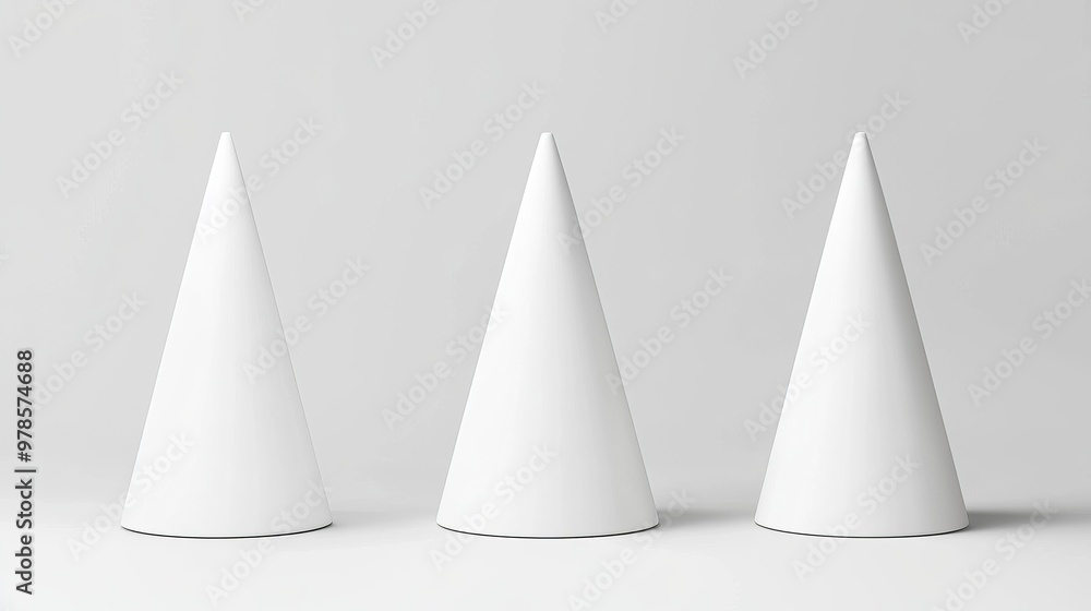 Three minimalistic white cones arranged against a neutral background, perfect for modern design and creative applications. Three minimalistic white cones arranged against a neutral background, perfect for modern design and creative applications.