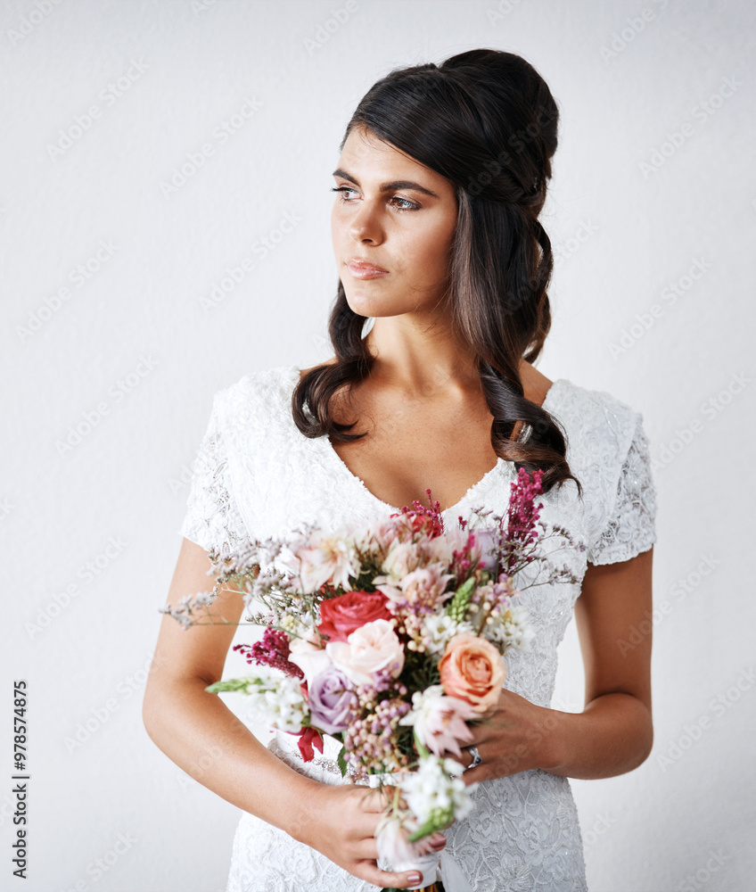 Thinking, dress and woman with flowers, floral and celebration on gray studio background. Marriage, person or model with plants, wedding and decoration with gratitude, romance or bouquet with thought Thinking, dress and woman with flowers, floral and celebration on gray studio background. Marriage, person or model with plants, wedding and decoration with gratitude, romance or bouquet with thought