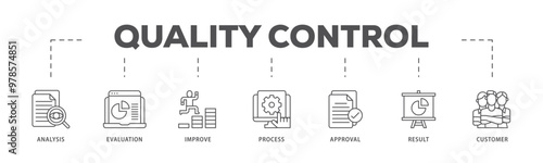 Quality control infographic icon flow process which consists of analysis, evaluation, improve, process, approval, result, and customer icon live stroke and easy to edit 