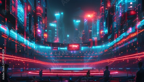 Futuristic sports arena pulsating with neon lights and advanced gadgets highlighting seamless integration of data analytics in live sporting events photo