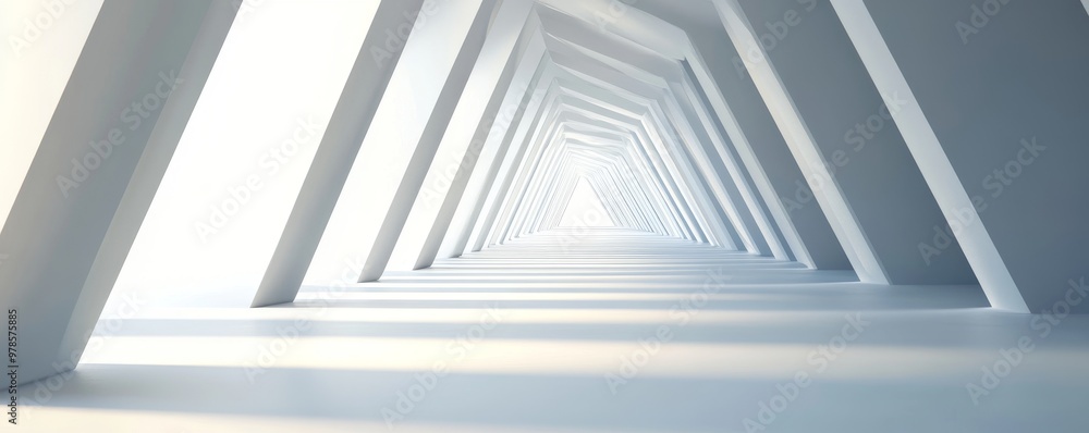 Fototapeta premium A modern architectural corridor with a triangle pattern, bathed in soft light, creating a sense of depth and perspective.