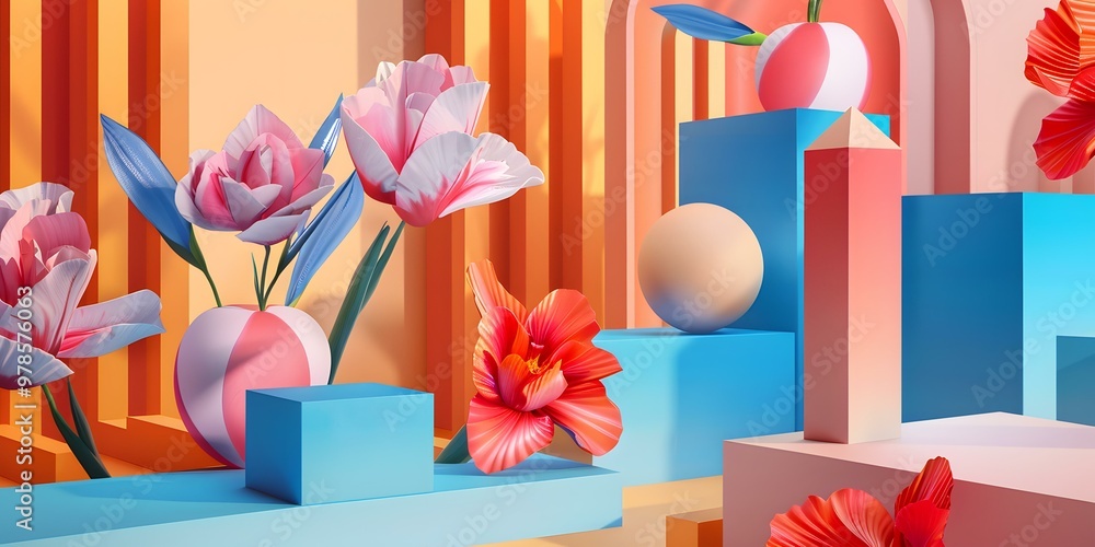 Obraz premium Abstract 3D Flowers and Geometric Shapes