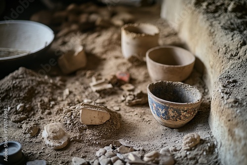 A collection of ancient pottery displayed in a dusty archaeological site, revealing the history of craftsmanship and culture. photo