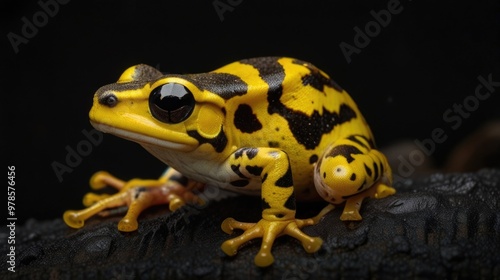 Yellow-banded poison dart frog over a black background photo