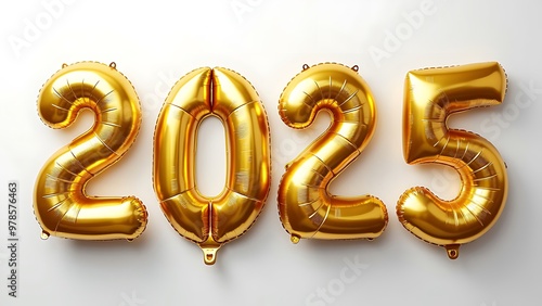 Shiny golden balloons displaying the year "2025" create a festive atmosphere, perfect for New Year's celebrations and parties. Ideal for event promotions and festive decorations.