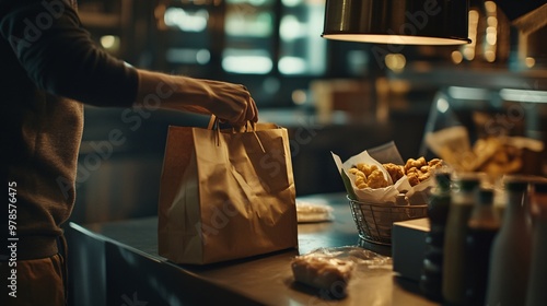 A person grabbing a takeaway bag from a restaurant counter, surrounded by food items in a cozy, warm atmosphere.