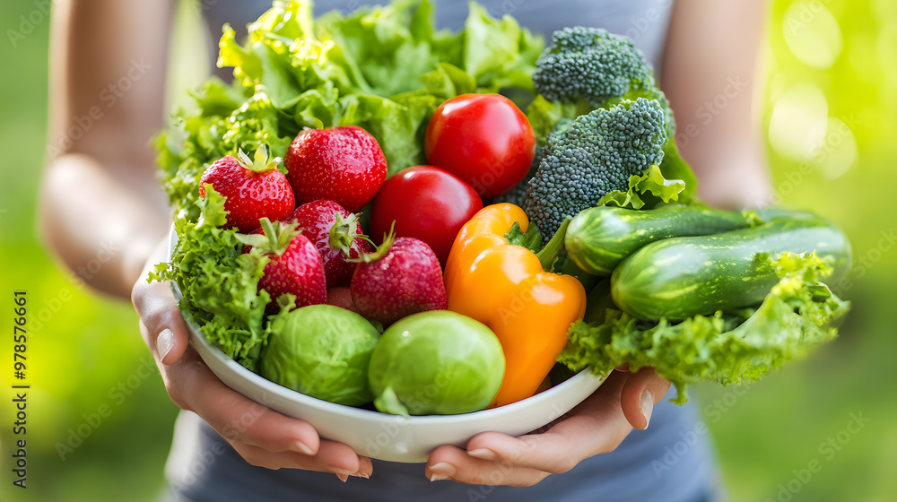 Fototapeta premium Close up Woman's hands holding a plate of vegetables