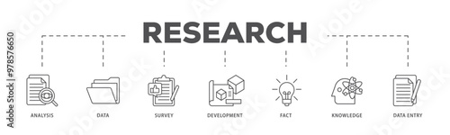 Research infographic icon flow process which consists of analysis, data, survey, development, fact, knowledge and data entry icon live stroke and easy to edit 