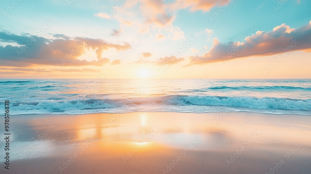 Obraz premium Summer closeup sunset sea sky landscape. Colorful ocean beach sunrise. Beautiful beach reflections calm waves, soft sandy beach. Perfect tropical coast horizon scenic coast view. generative ai