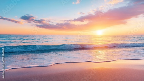 Summer closeup sunset sea sky landscape. Colorful ocean beach sunrise. Beautiful beach reflections calm waves, soft sandy beach. Perfect tropical coast horizon scenic coast view. generative ai