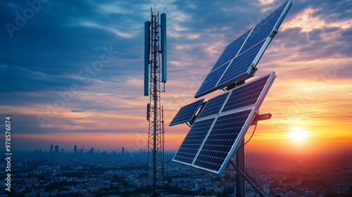 Solar cell antenna network on city, Future technology renewable energy.