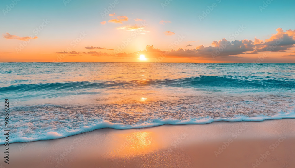 Obraz premium Crystal-clear turquoise waters with gentle waves lapping at a pristine beach under a golden sunset