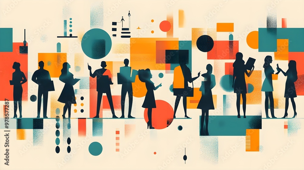 Obraz premium Minimalist design with silhouettes of volunteers engaged in various activities, surrounded by abstract shapes representing community support and recognition
