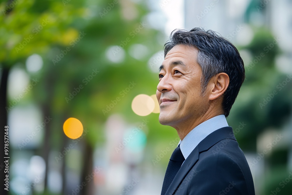 Confident man in a suit smiles while walking outdoors, surrounded by greenery and soft bokeh lights in the background. Confident man in a suit smiles while walking outdoors, surrounded by greenery and soft bokeh lights in the background.