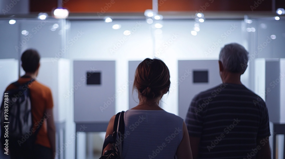 Fototapeta premium Three individuals stand in front of illuminated voting booths, showcasing the process of civic engagement and decision-making.