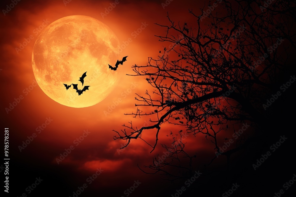 A gloomy Halloween night with a full moon in the background A gloomy Halloween night with a full moon in the background