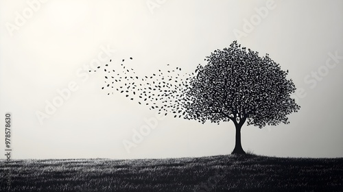 Silhouette of a community tree with leaves made of people's names in cursive, symbolizing growth and connection, set against a soft gradient background, Minimalist, Monochromatic, Digital art photo