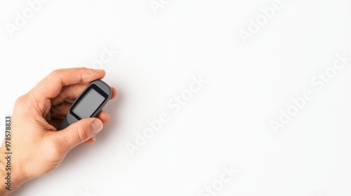 Close-up of hands using a blood sugar test monitor on a white background, diabetes health checkup, medical diagnostics, wellness