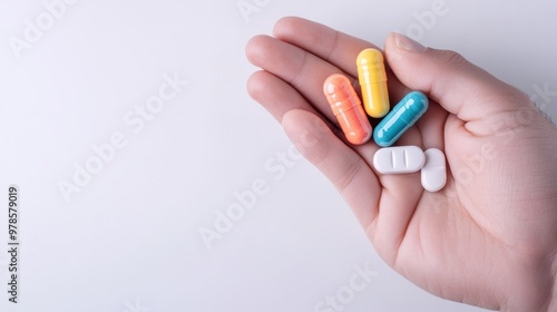 Close-up of a hand holding prescription pills on a white background, post-checkup care, medication concept, pharmaceutical close-up