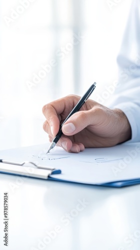 Close-up of a doctor's hand writing on a clipboard on a white backdrop, health examination, medical notes, professional healthcare