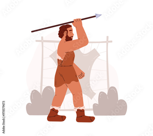 A vector illustration of a prehistoric strong warrior dressed in animal skins holding a spear.