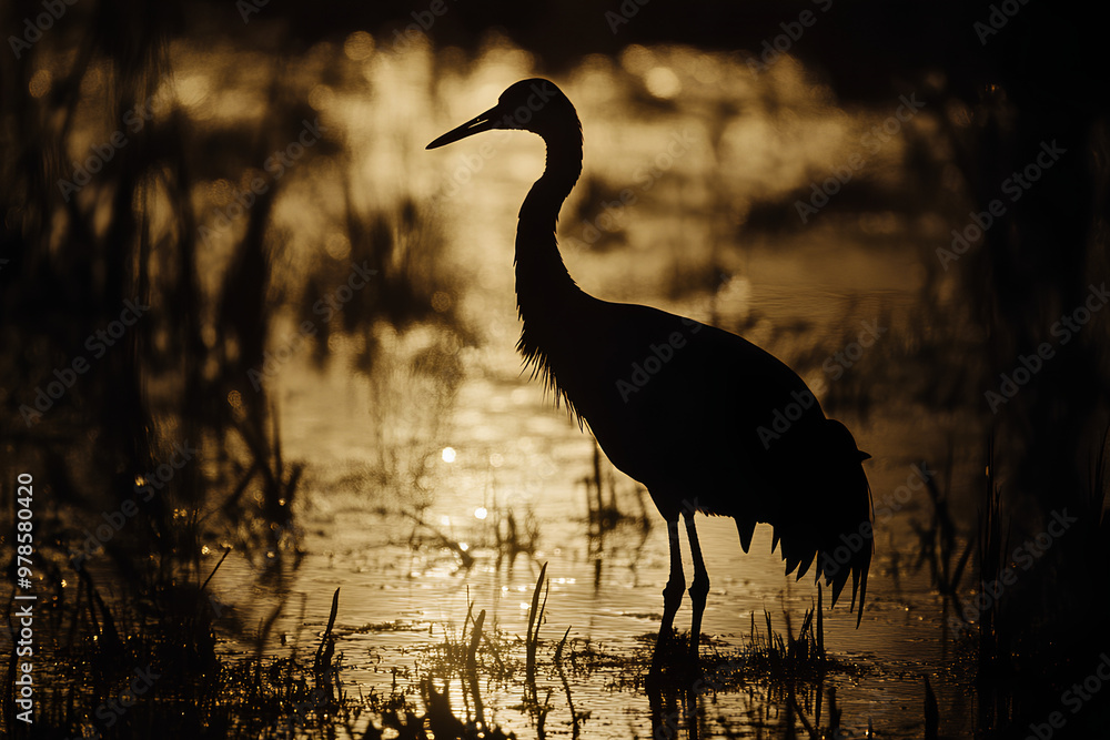 Fototapeta premium A silhouette of a heron standing in a wetland at sunset, capturing nature's tranquility.