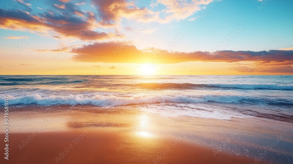 Summer closeup sunset sea sky landscape. Colorful ocean beach sunrise. Beautiful beach reflections calm waves, soft sandy beach. Perfect tropical coast horizon scenic coast view. generative ai Summer closeup sunset sea sky landscape. Colorful ocean beach sunrise. Beautiful beach reflections calm waves, soft sandy beach. Perfect tropical coast horizon scenic coast view. generative ai