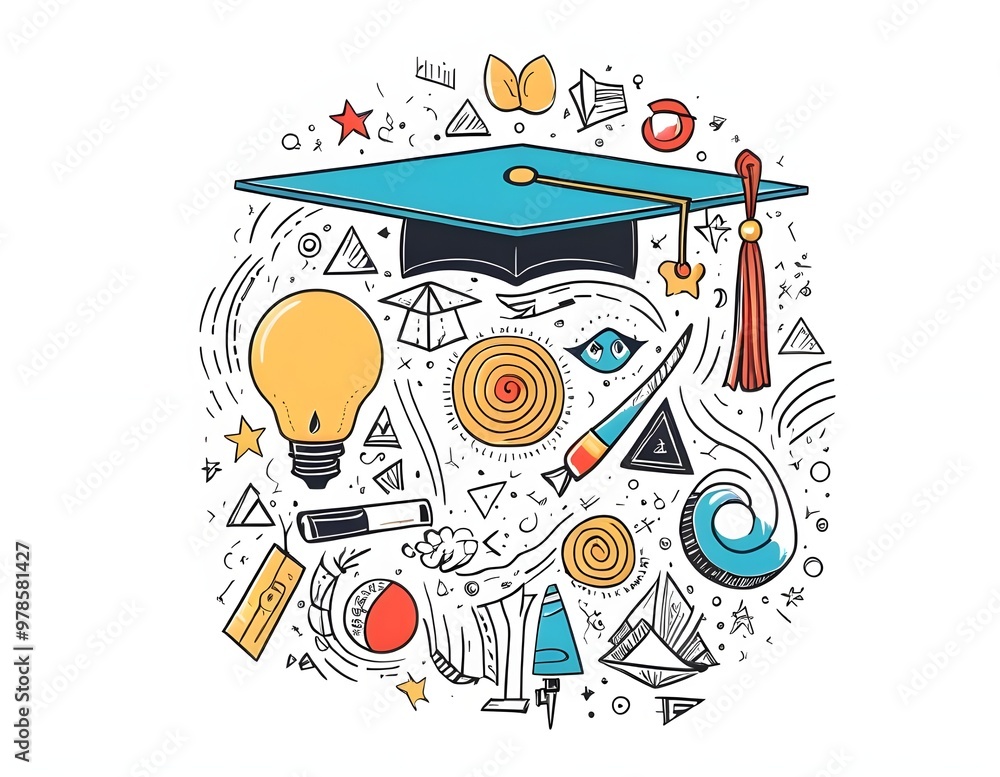 Fototapeta premium Colorful graduation-themed doodles featuring caps, diplomas, and geometric shapes school university