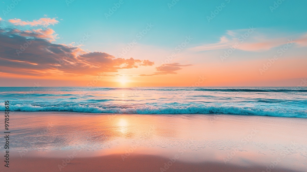 Obraz premium Summer closeup sunset sea sky landscape. Colorful ocean beach sunrise. Beautiful beach reflections calm waves, soft sandy beach. Perfect tropical coast horizon scenic coast view. generative ai