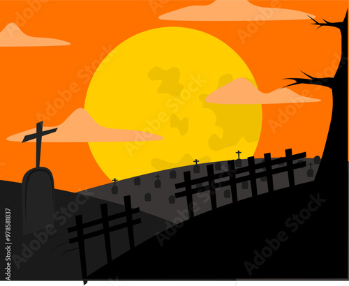 The atmosphere of the cemetery on Halloween night with full moon background illustration. 