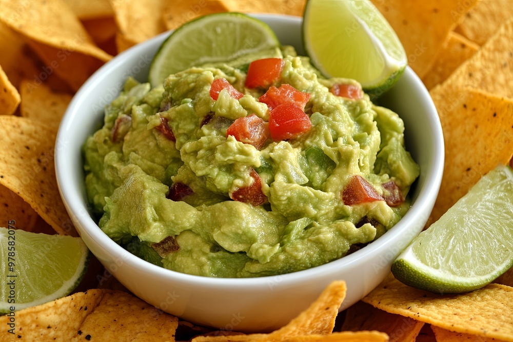 Fresh guacamole served in a bowl surrounded by tortilla chips and lime wedges at a festive gathering. Generative AI Fresh guacamole served in a bowl surrounded by tortilla chips and lime wedges at a festive gathering. Generative AI