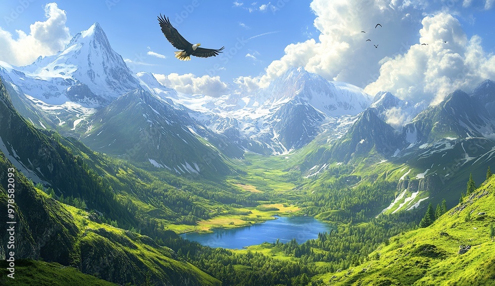 Beautiful green mountains with snow-capped peaks, a lake in the valley, a flying eagle above Beautiful green mountains with snow-capped peaks, a lake in the valley, a flying eagle above
