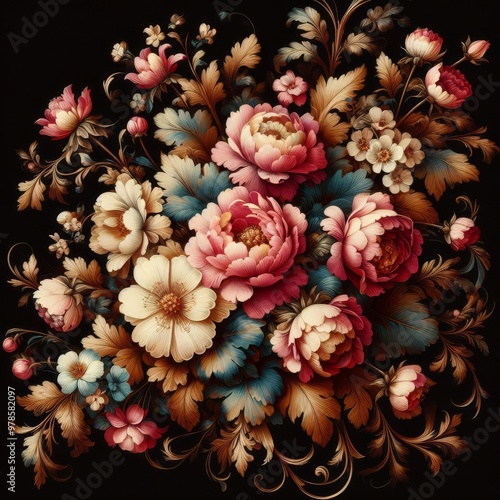 Vintage bouquet of beautiful flowers on black. Floral background. Baroque old fashiones style. Natural pattern wallpaper or greeting card
 photo