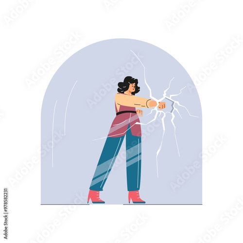 The illustration shows a woman under a glass dome, breaking it with force with her fist.