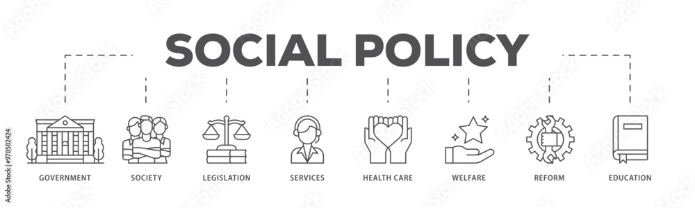Social policy infographic icon flow process which consists of education, reform, services, welfare, health care ,legislation, society, government icon live stroke and easy to edit Social policy infographic icon flow process which consists of education, reform, services, welfare, health care ,legislation, society, government icon live stroke and easy to edit