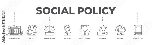 Social policy infographic icon flow process which consists of education, reform, services, welfare, health care ,legislation, society, government icon live stroke and easy to edit 