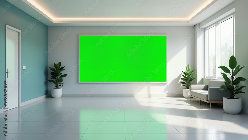 Modern Lobby, clean and minimalistic, white room with horizontal blank green screen billboard Modern Lobby, clean and minimalistic, white room with horizontal blank green screen billboard