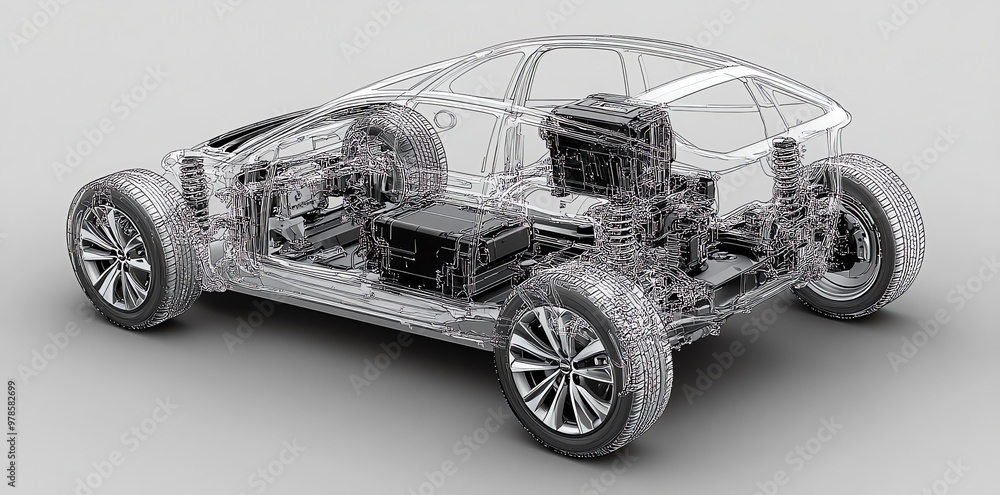 Naklejka premium 3D illustration of a car chassis, with a transparent body revealing the engine, battery, and suspension.