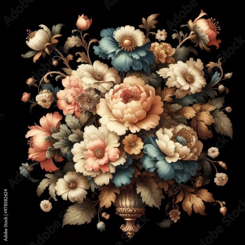 Vintage bouquet of beautiful flowers on black. Floral background. Baroque old fashiones style. Natural pattern wallpaper or greeting card
 photo