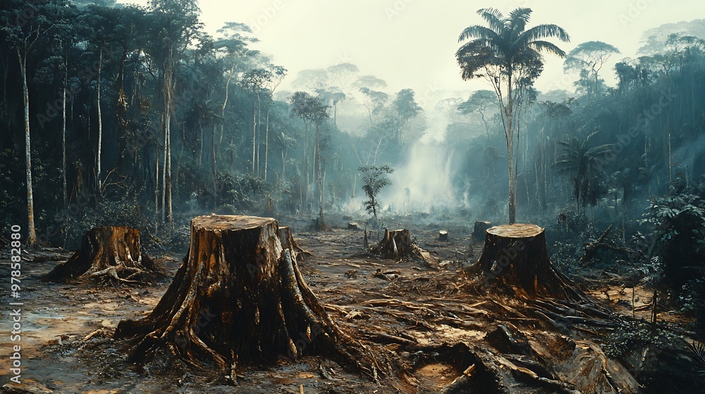 A misty morning in a rainforest clearing, showing the aftermath of deforestation. A misty morning in a rainforest clearing, showing the aftermath of deforestation.
