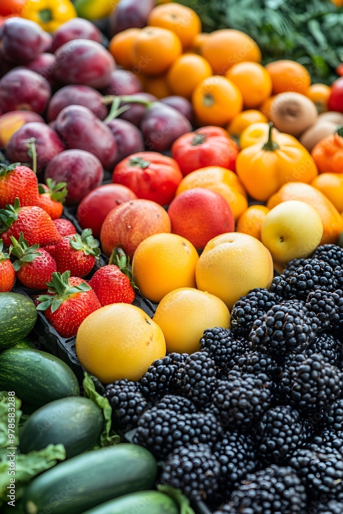 Illustrate a vibrant array of fruits and vegetables harvested from a community garden, emphasizing the benefits of local agriculture, close up, health and wellness theme, ethereal, Multilayer Illustrate a vibrant array of fruits and vegetables harvested from a community garden, emphasizing the benefits of local agriculture, close up, health and wellness theme, ethereal, Multilayer