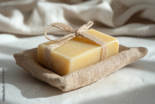 A bar of natural soap tied with twine, resting on a linen cloth.